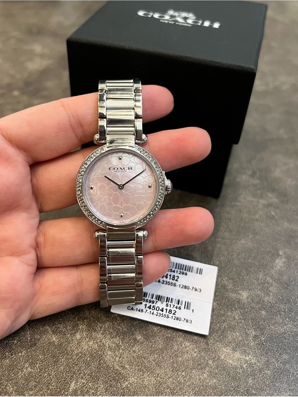 Coach Silver Bracelet Watch with Pale Pink Logo Dial